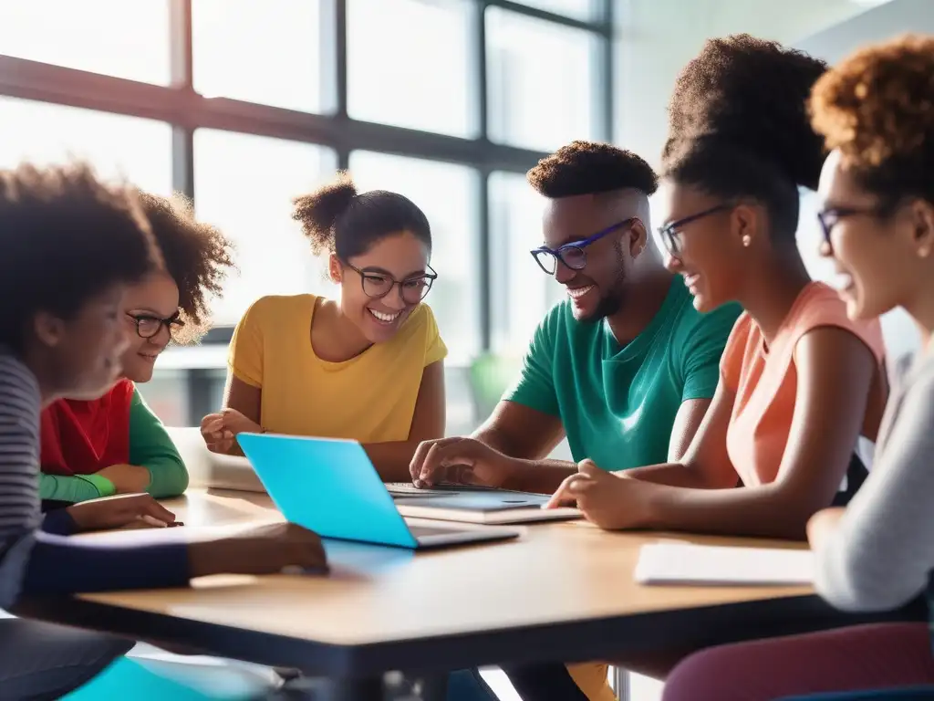 Aprendizaje interactivo: estudiantes colaborando en un aula moderna Un grupo diverso de estudiantes colabora y participa activamente en el aprendizaje adaptativo personalizado en un aula moderna