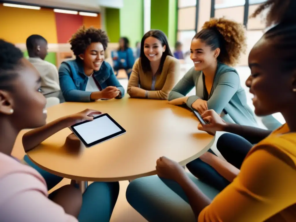 Un grupo diverso de estudiantes participa activamente en el aprendizaje colaborativo Vygotsky ZDP, intercambiando ideas en un aula moderna y luminosa