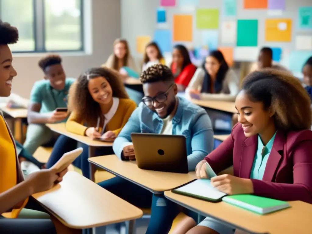 Un grupo diverso de estudiantes se encuentra en un aula moderna, usando dispositivos móviles para aprender