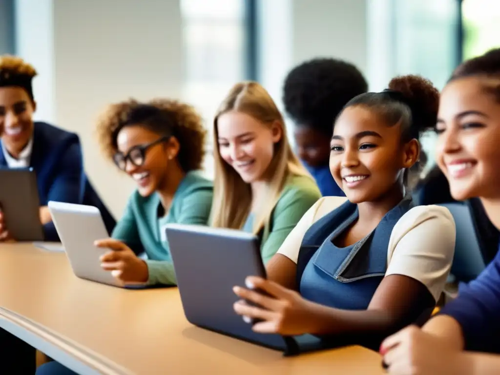 Un grupo diverso de estudiantes se encuentra en un aula moderna, cada uno con un dispositivo móvil en sus manos