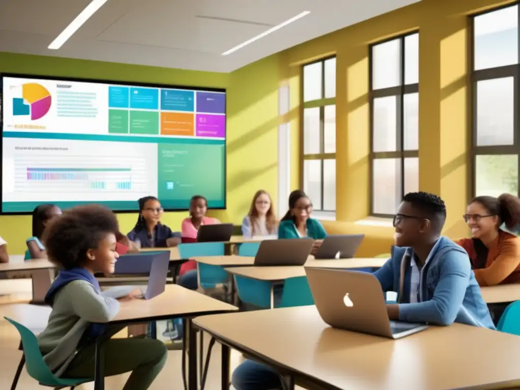 Un grupo diverso de estudiantes colabora en un aula moderna llena de tecnología avanzada