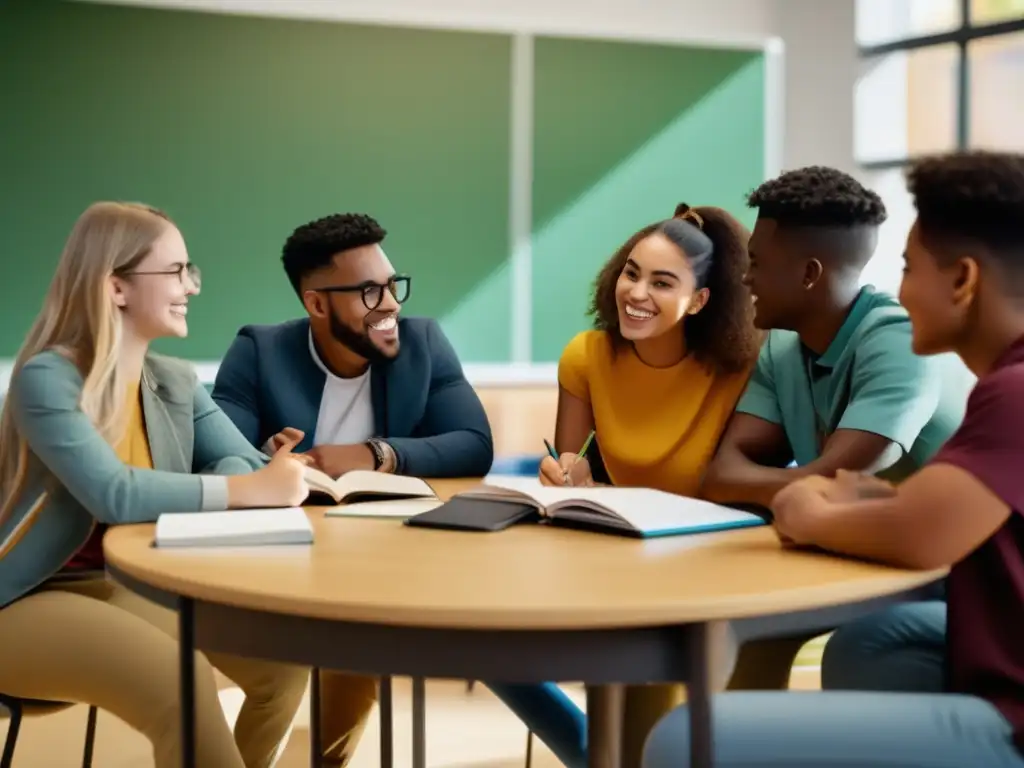 Un grupo diverso de estudiantes se reúne en un aula moderna y luminosa