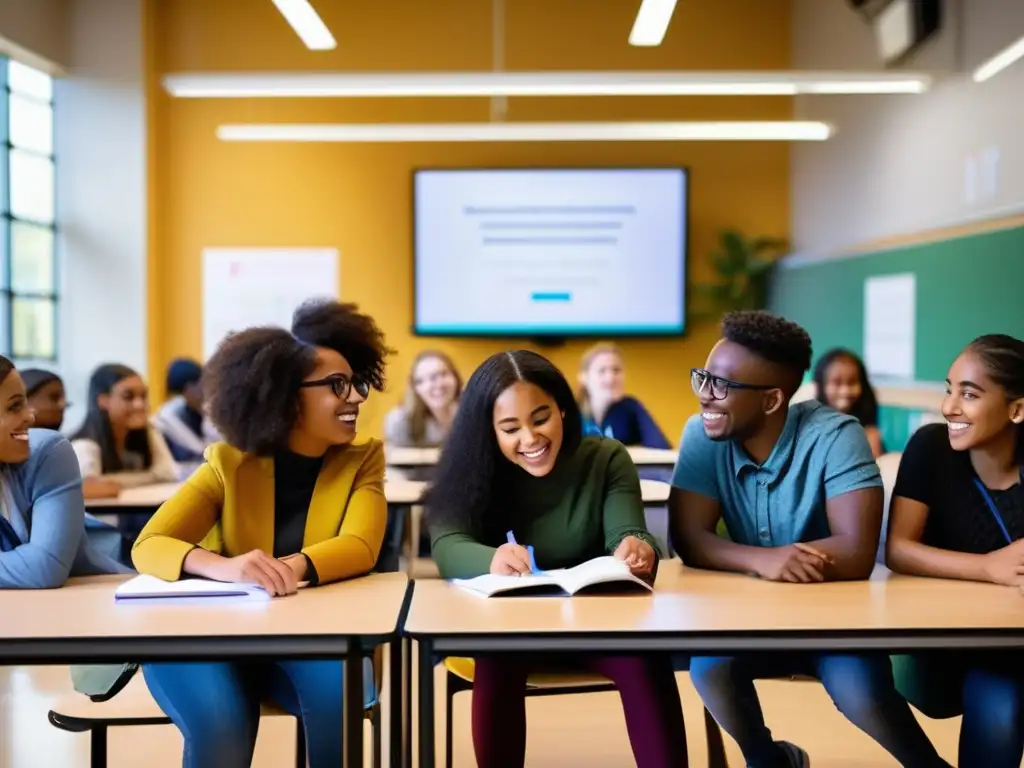 Un grupo diverso de estudiantes participa activamente en un aula moderna, fomentando la importancia del desarrollo emocional en la educación