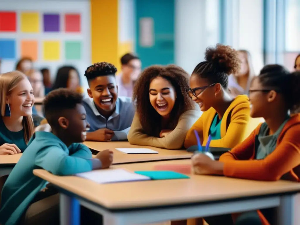 Un grupo diverso de estudiantes se emociona y aprende en un aula moderna y colorida