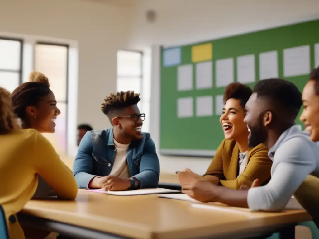 Un grupo diverso de estudiantes en un aula luminosa, participando activamente en una animada discusión con su tutor