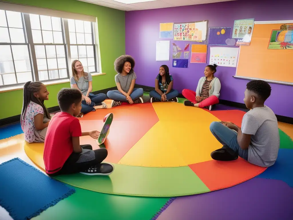 Un grupo diverso de estudiantes se reúne en un aula bien iluminada, sentados en un círculo sobre una colorida alfombra