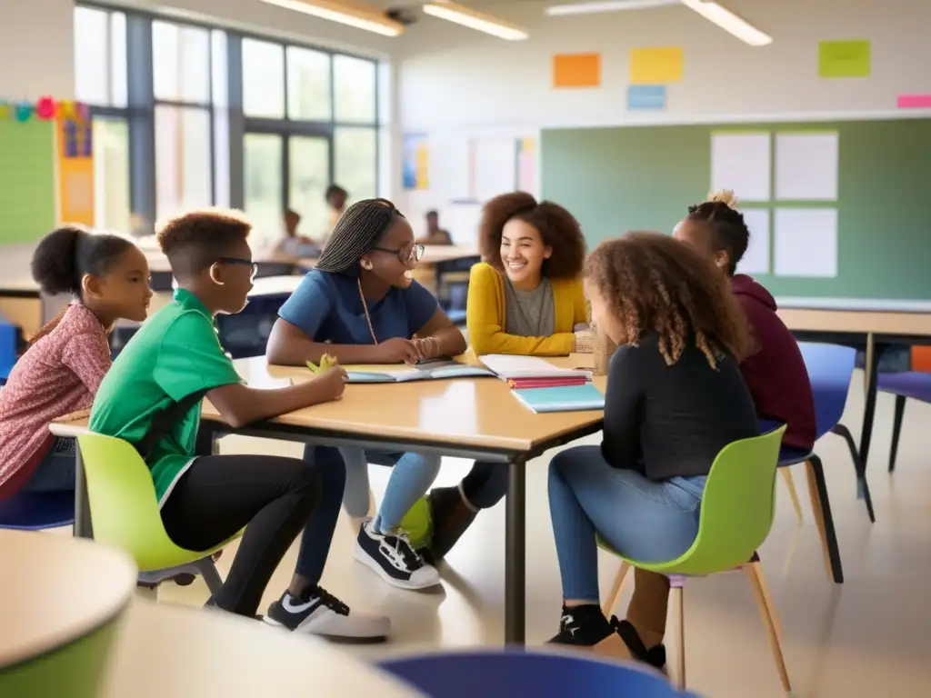 Un grupo diverso de estudiantes se reúne en un aula moderna, equipados con laptops y libros, colaborando en un proyecto