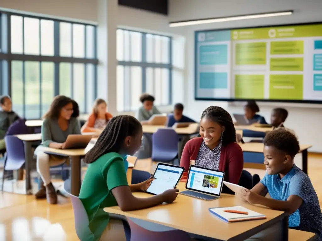 Aula moderna y diversa: aprendizaje interactivo con tecnología Un grupo diverso de estudiantes se encuentra en un aula moderna, usando dispositivos para acceder a materiales de aprendizaje adaptativo