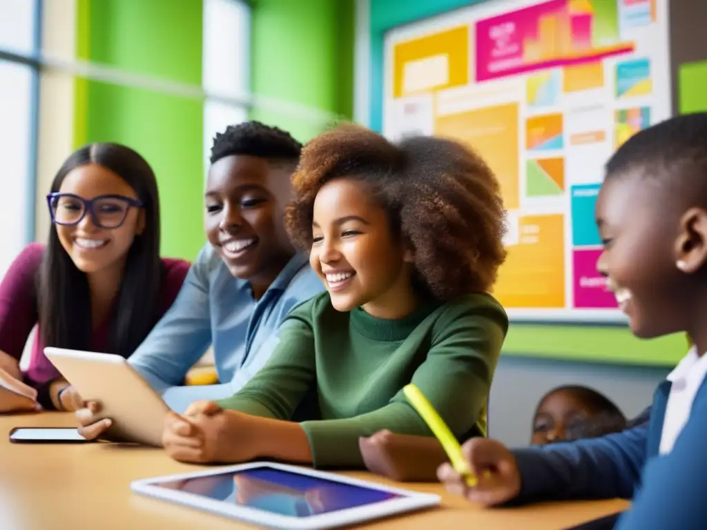 Un grupo diverso de estudiantes se reúne en un aula moderna, rodeados de luz natural