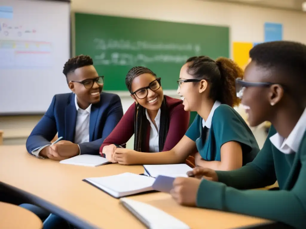 Un grupo diverso de estudiantes se reúne en un aula moderna, resolviendo problemas matemáticos