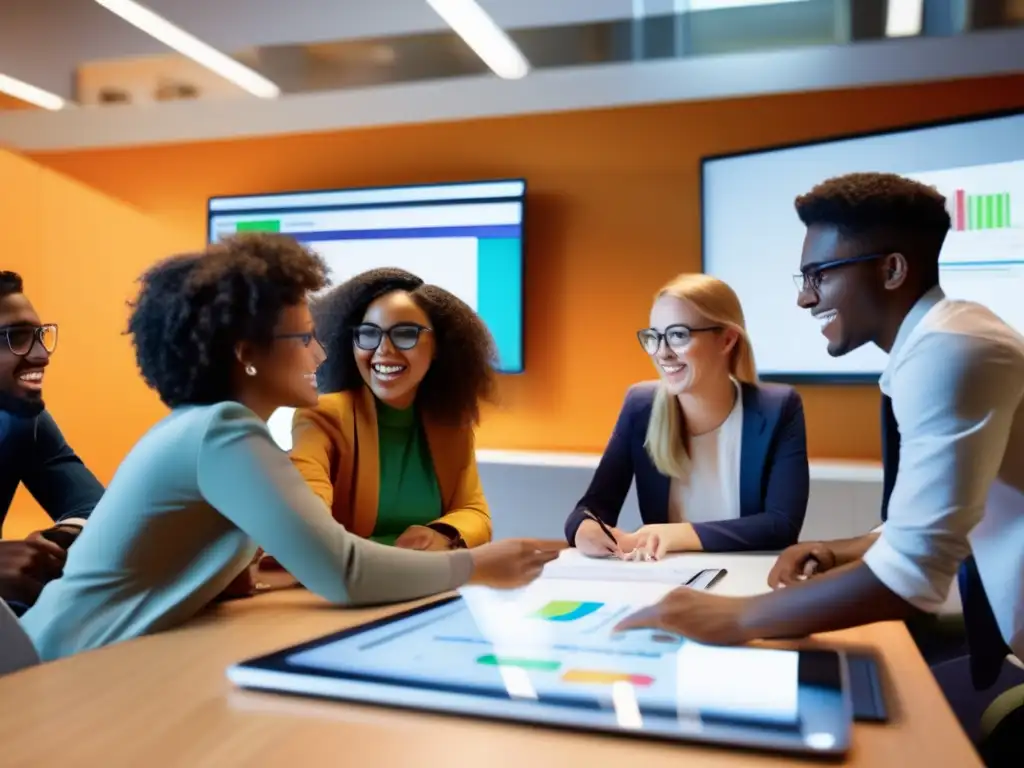 Colaboración estudiantil: diversidad, tecnología y éxito Un grupo diverso de estudiantes colabora en un aula moderna, utilizando un software de gestión de proyectos escolares