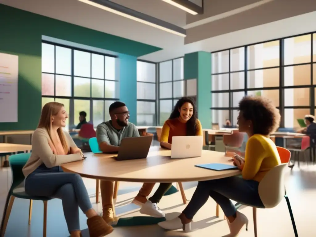 Estudiantes diversos colaborando y aprendiendo juntos en un aula moderna Un grupo diverso de estudiantes colabora en un aula moderna, iluminada por luz natural