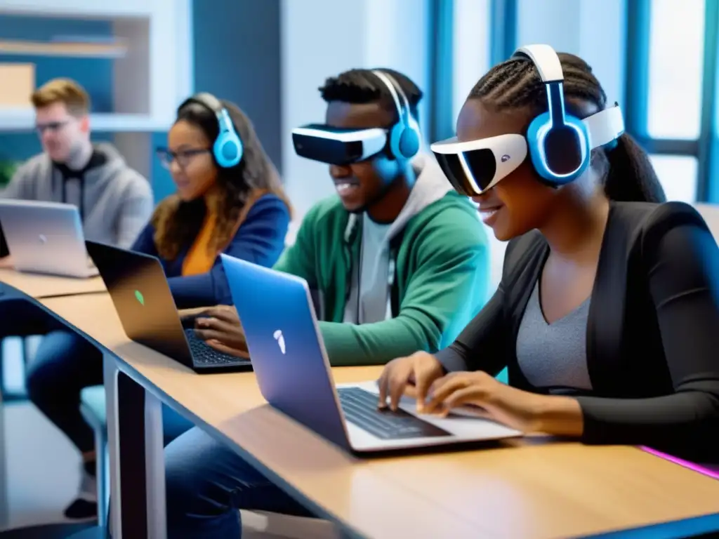 Colaboración tecnológica: estudiantes entusiastas aplican habilidades blandas en un aula de vanguardia Un grupo diverso de estudiantes colabora en un aula tecnológica, integrando soft skills en educación tecnológica con entusiasmo y emoción