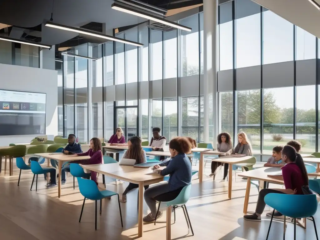 Un grupo diverso de estudiantes se encuentra en un aula moderna y vibrante, rodeados de tecnología de vanguardia