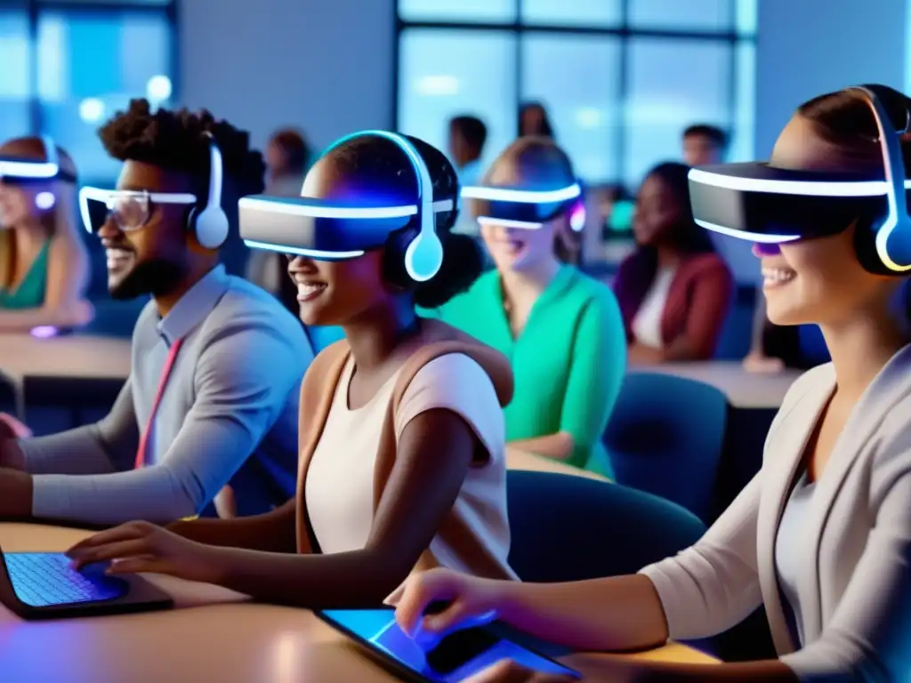 Un grupo diverso de estudiantes en un aula virtual con realidad aumentada
