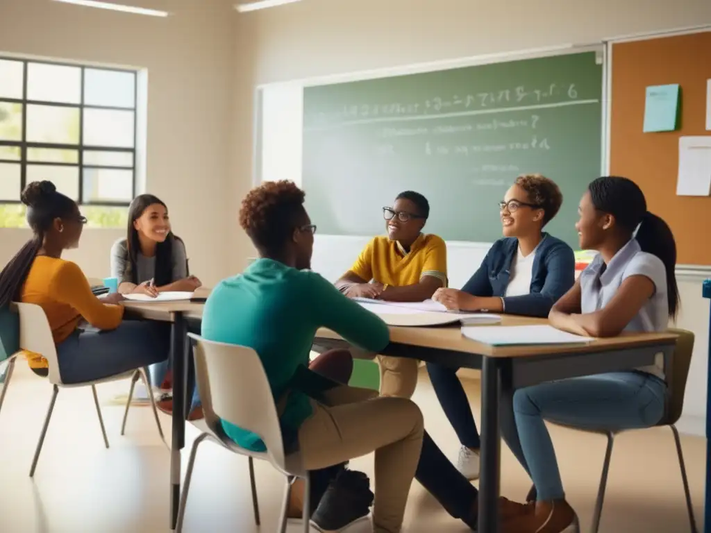 Un grupo diverso de estudiantes se reúne en un aula moderna para una sesión de tutoría en matemáticas aplicadas