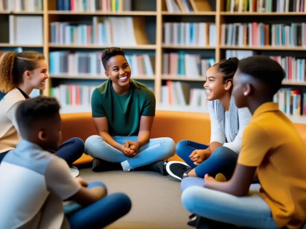 Un grupo diverso de estudiantes se reúne en un aula moderna, discutiendo animadamente un bestseller contemporáneo