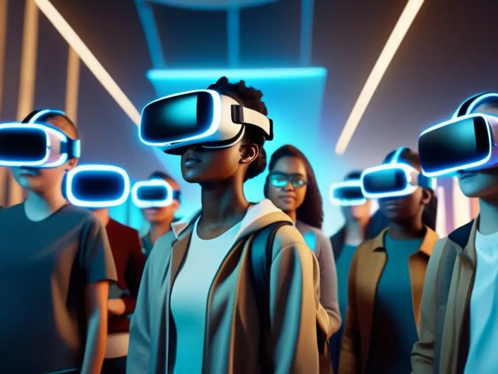 Un grupo diverso de estudiantes usa auriculares de realidad virtual futuristas, inmersos en un entorno de aprendizaje virtual