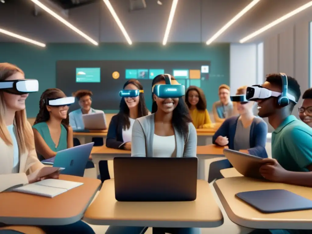 Un grupo diverso de estudiantes usa auriculares de realidad aumentada en un aula virtual llena de contenido interactivo, hologramas y modelos 3D