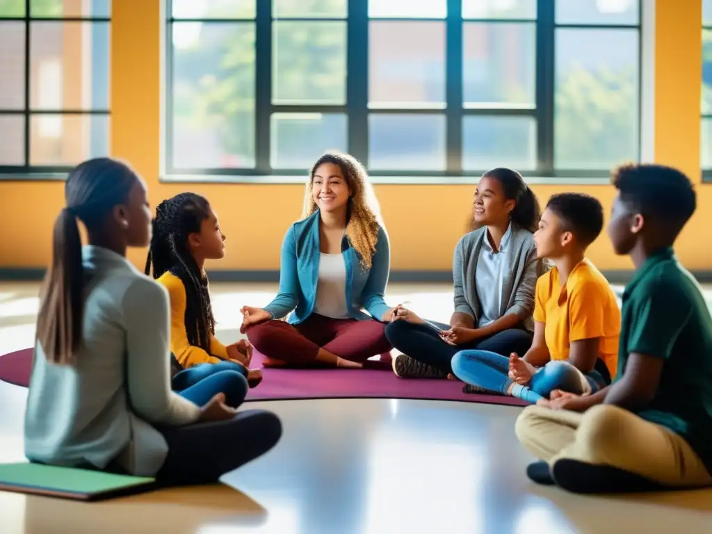 Un grupo diverso de estudiantes se reúne en círculo, practicando mindfulness