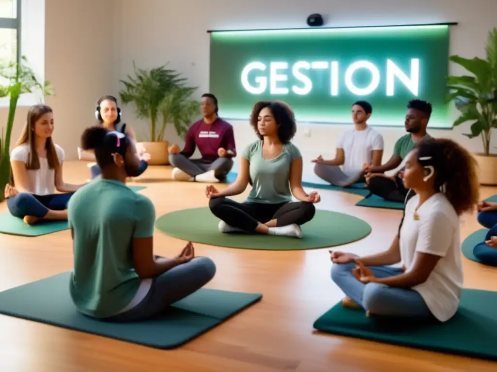 Un grupo diverso de estudiantes en círculo practicando mindfulness, con los ojos cerrados y auriculares puestos