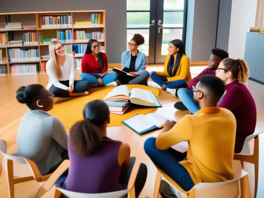 Un grupo diverso de estudiantes se reúne en círculo para una tutoría inclusiva en Psicología Educativa