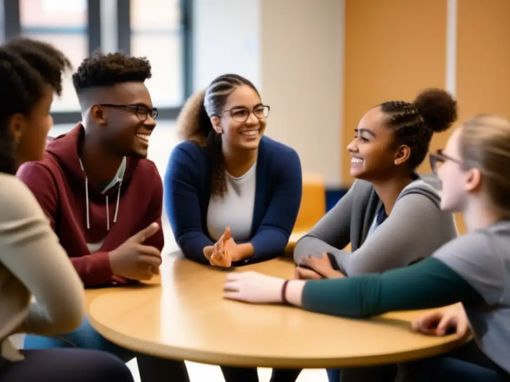 Un grupo diverso de estudiantes se reúne en círculo durante una sesión de tutoría inclusiva