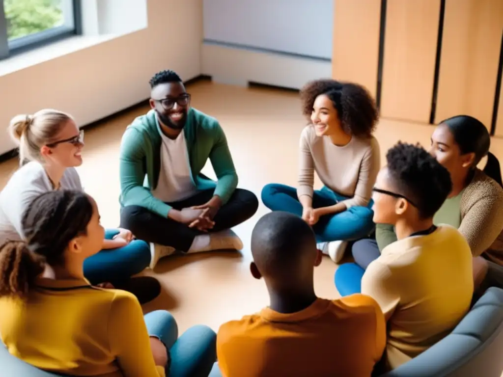 Un grupo diverso de estudiantes se reúne en círculo, debatiendo animadamente