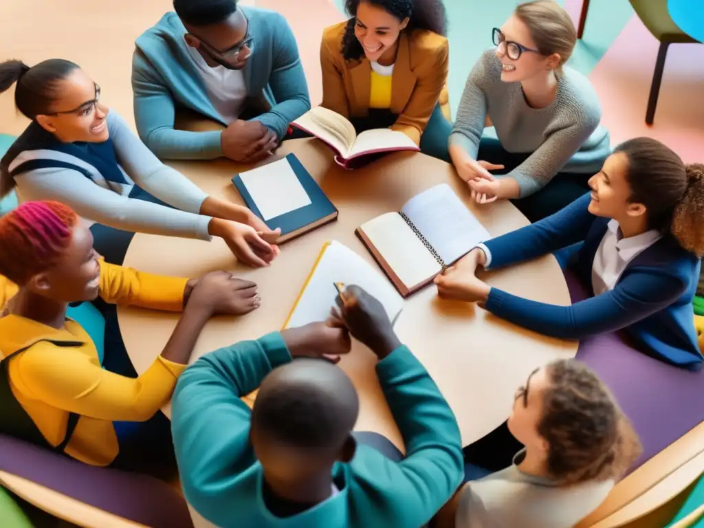 Un grupo diverso de estudiantes se reúne en círculo para una animada discusión