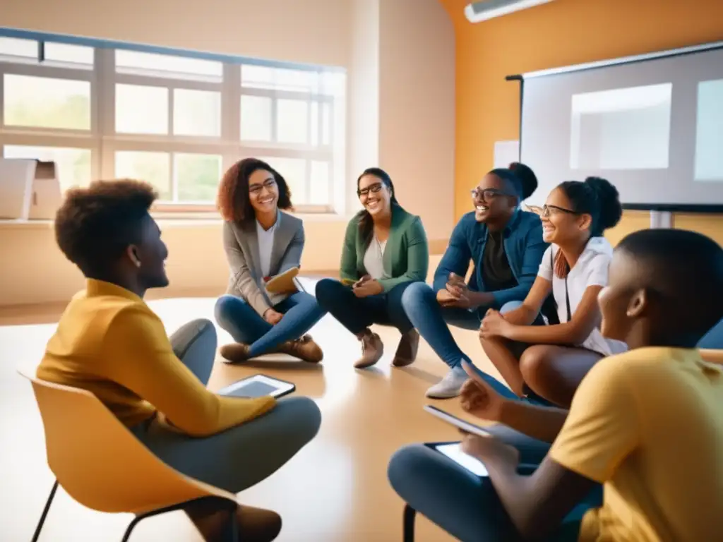 Un grupo diverso de estudiantes se sienta en círculo en un aula bien iluminada