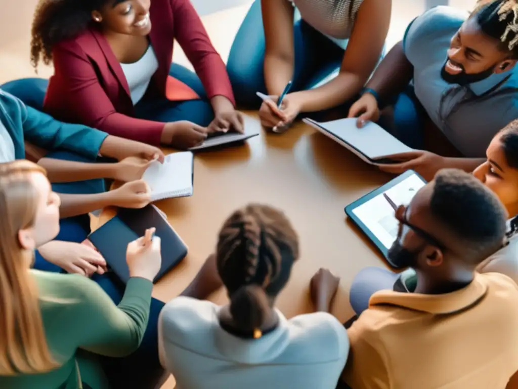 Un grupo diverso de estudiantes se reúne en círculo, debatiendo animadamente