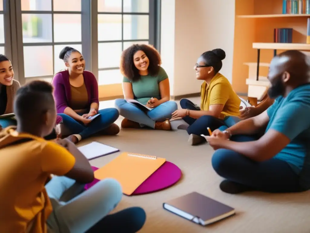 Un grupo diverso de estudiantes se sienta en círculo, debatiendo animadamente en una sala llena de luz natural