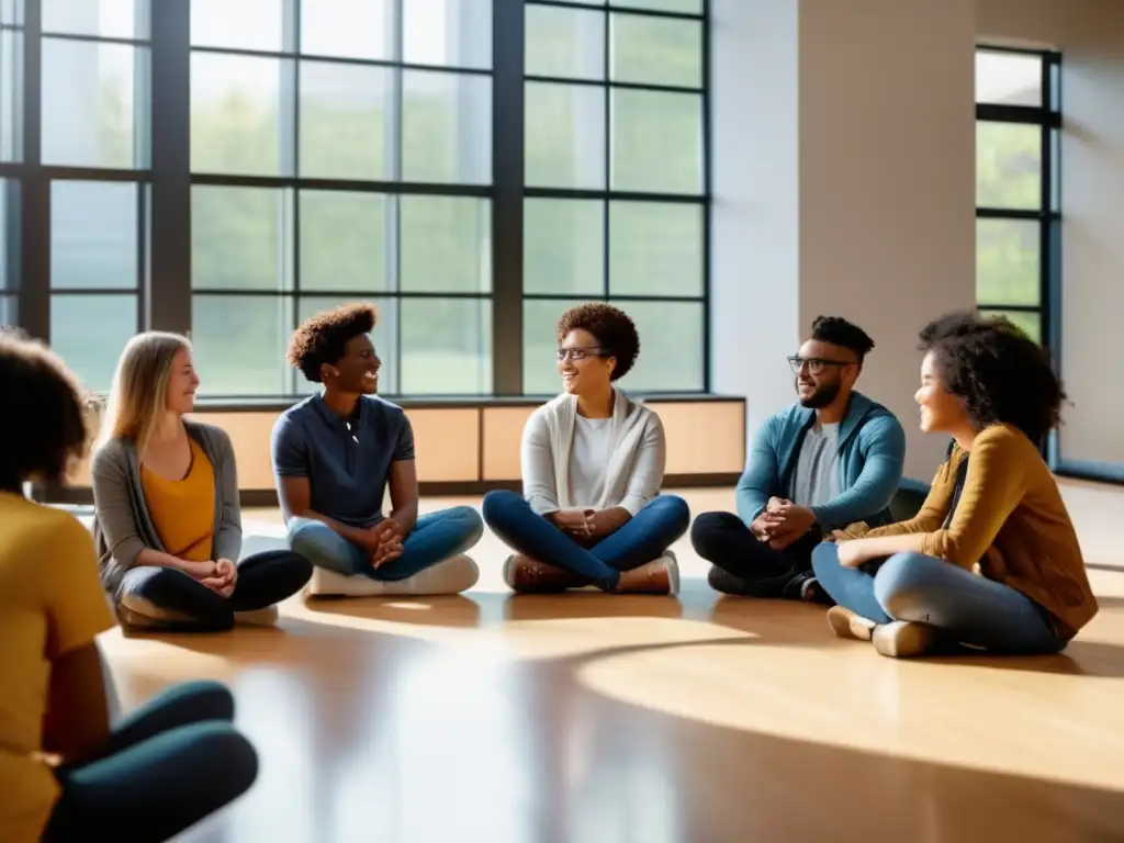 Un grupo diverso de estudiantes se sienta en un círculo, inmersos en una profunda discusión