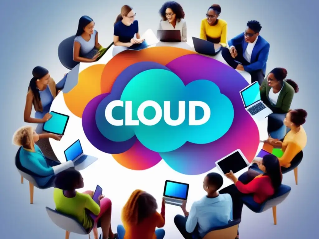 Un grupo diverso de estudiantes se reúne en círculo, sosteniendo tablets y laptops, inmersos en una animada discusión