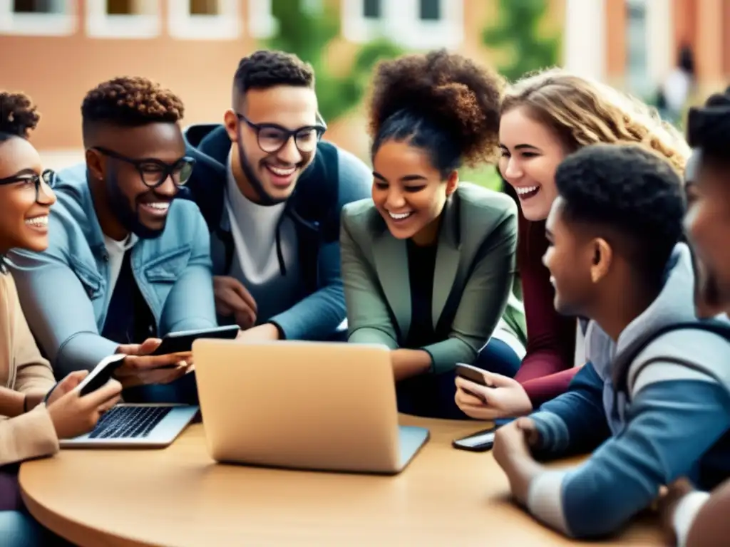 Un grupo diverso de estudiantes se sienta en círculo, debatiendo animadamente mientras usan redes sociales educativas en laptops y smartphones