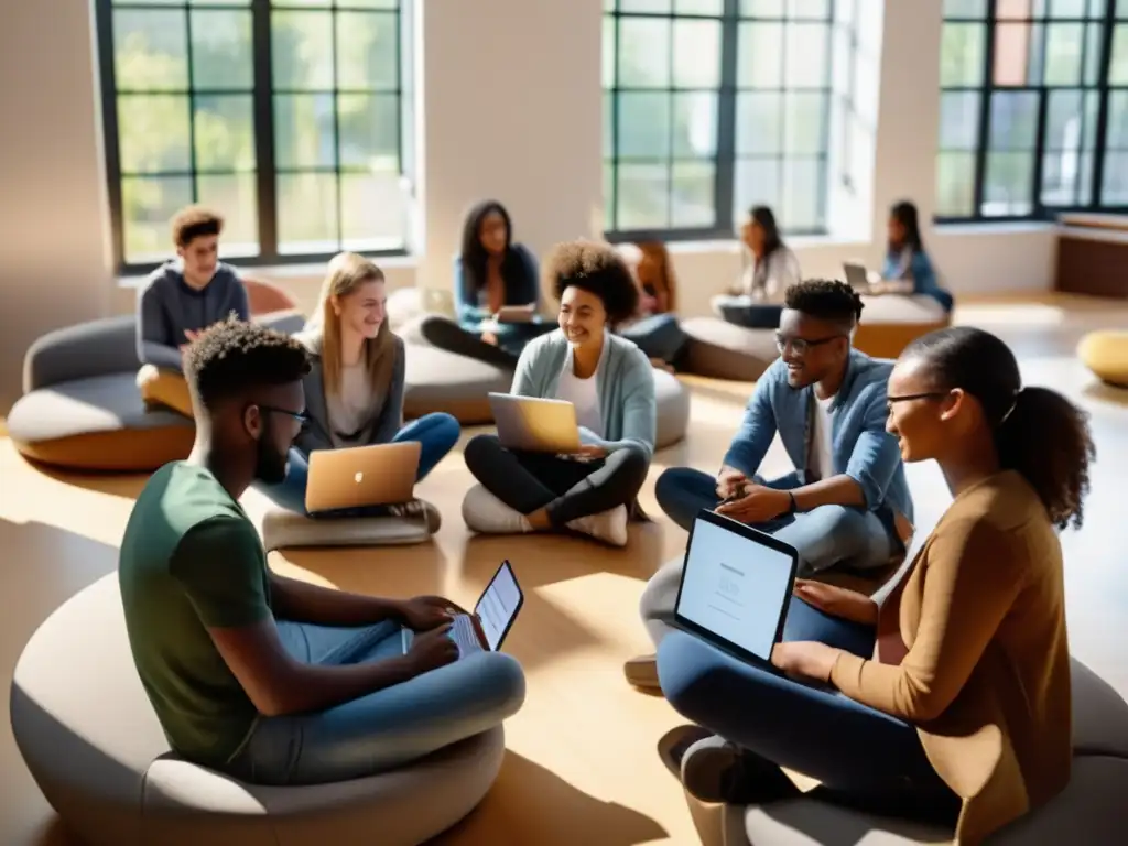 Un grupo diverso de estudiantes se reúne en círculo, rodeados de tecnología moderna, compartiendo ideas y aprendiendo juntos