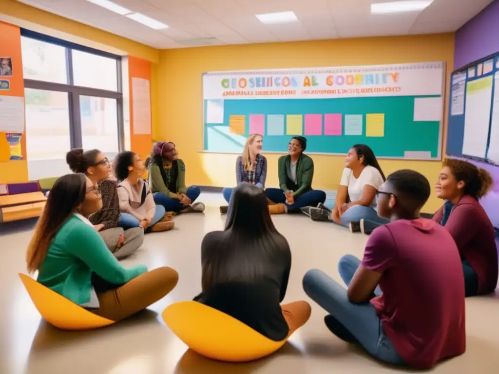 Un grupo diverso de estudiantes se sienta en círculo en un aula luminosa