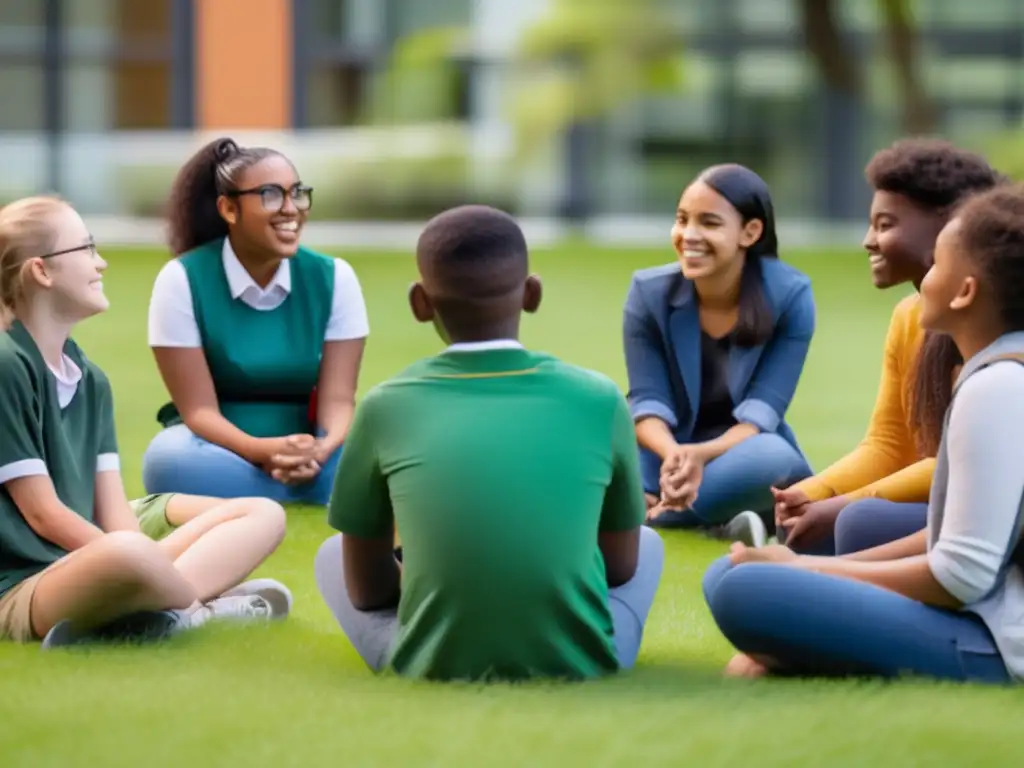 Un grupo diverso de estudiantes se sienta en círculo en un campo de hierba verde vibrante