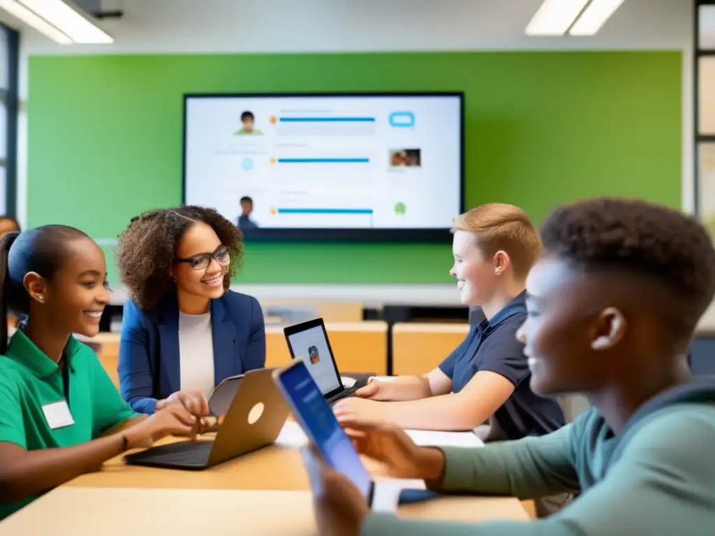 Un grupo diverso de estudiantes participa activamente en una clase moderna, rodeados de tecnología educativa