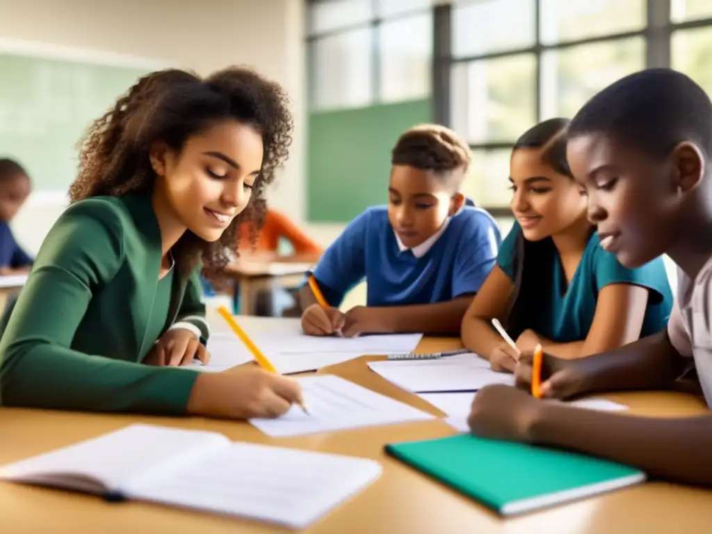 Un grupo diverso de estudiantes resolviendo un desafiante problema de matemáticas juntos