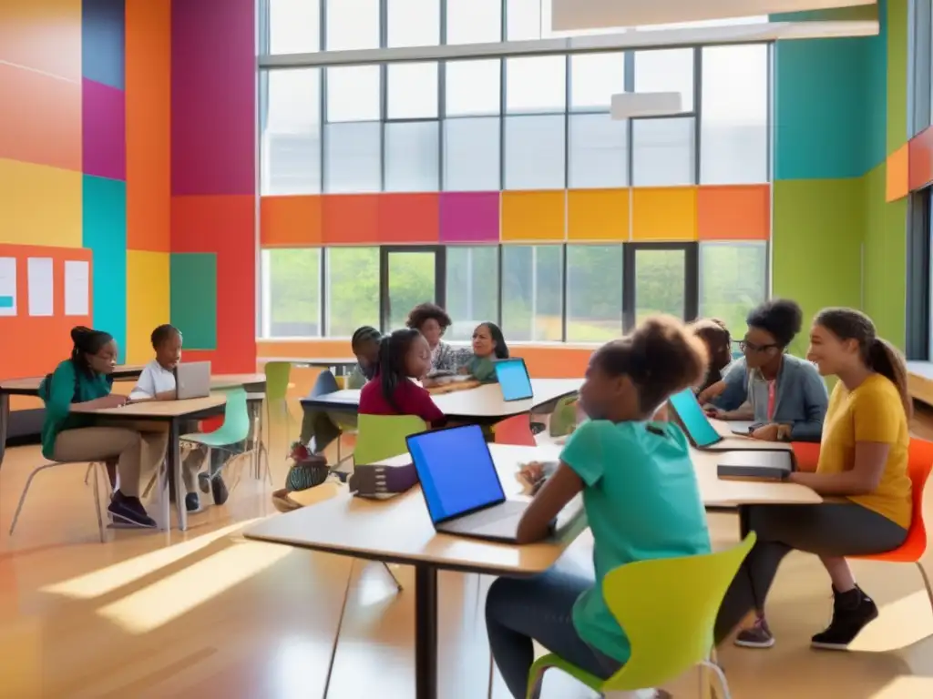 Un grupo diverso de estudiantes participa activamente en una dinámica colaborativa en un aula moderna