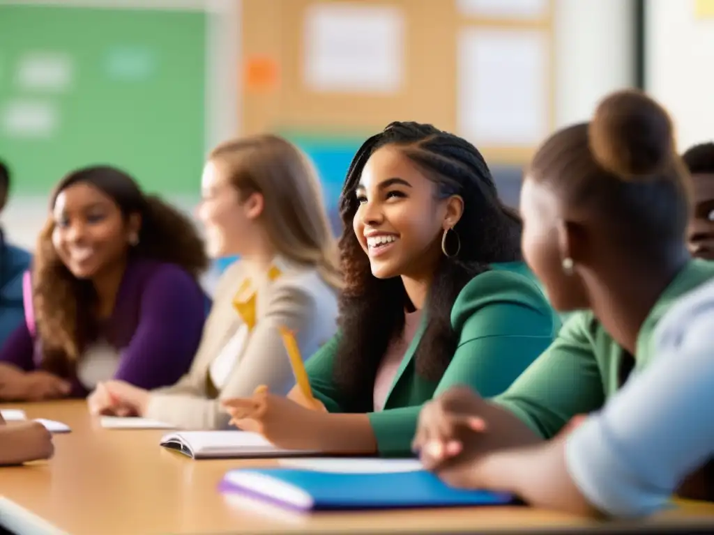 Un grupo diverso de estudiantes participa animadamente en una discusión en un aula, reflejando su entusiasmo y curiosidad