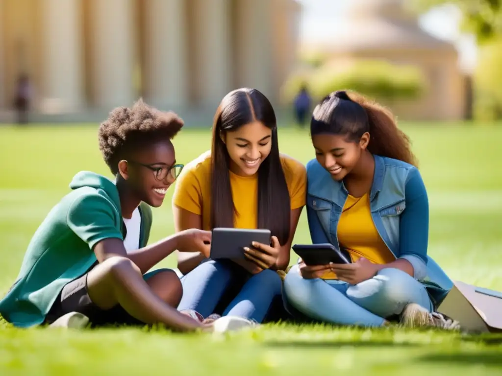 Un grupo diverso de estudiantes se reúne emocionado alrededor de un dispositivo móvil en el césped de su campus