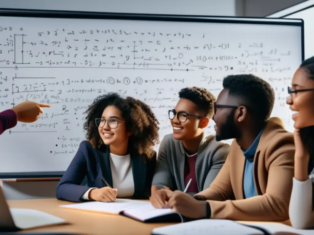 Un grupo diverso de estudiantes se reúne emocionado alrededor de un pizarrón lleno de ecuaciones matemáticas