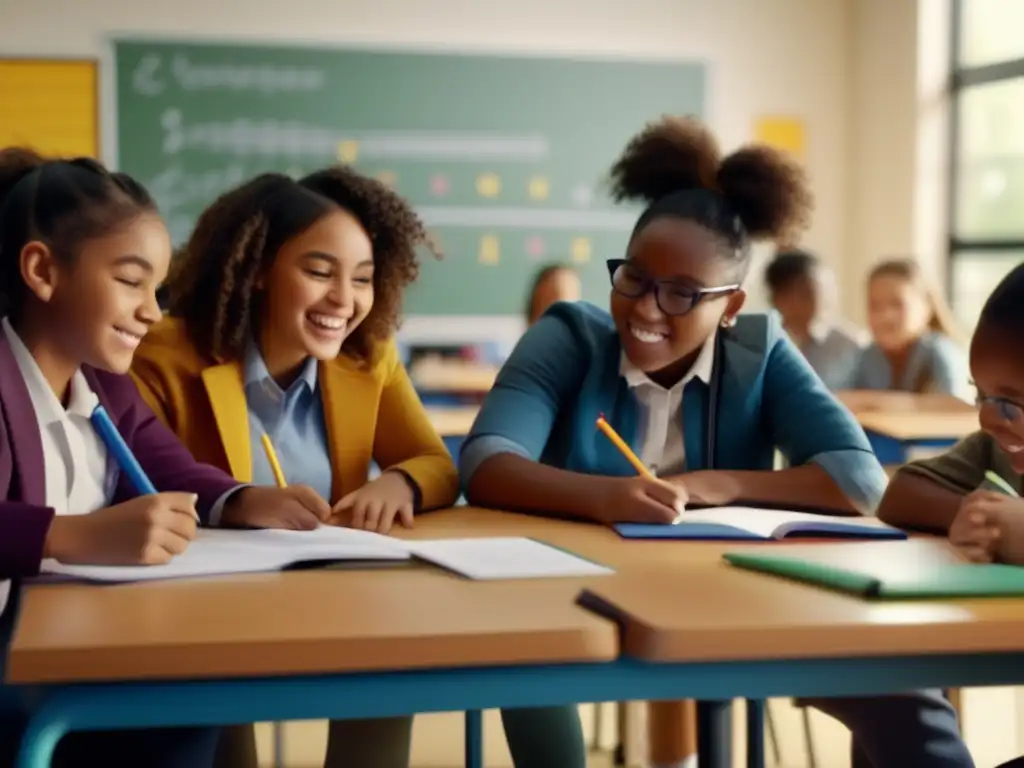 Un grupo diverso de estudiantes emocionados resolviendo problemas de fracciones y decimales con herramientas modernas y tecnología