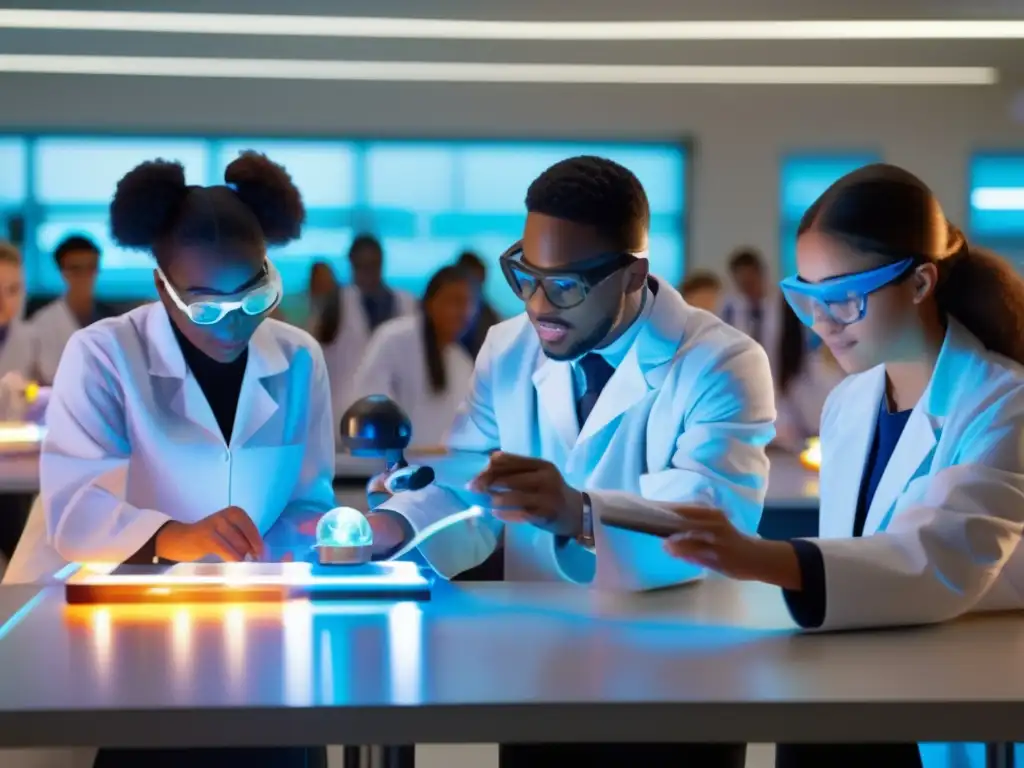 Un grupo diverso de estudiantes participa en un emocionante experimento científico en un aula moderna y equipada