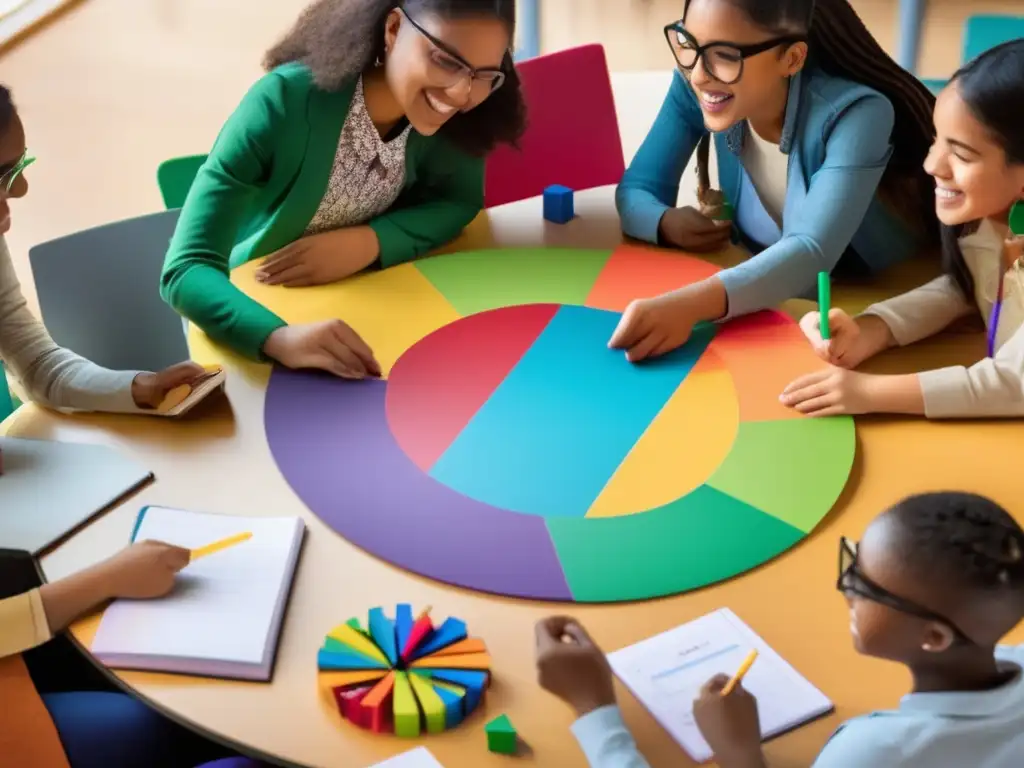 Un grupo diverso de estudiantes colabora en una emocionante resolución de problemas matemáticos en un aula moderna