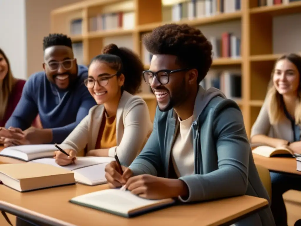 Un grupo diverso de estudiantes participa entusiasmado en una sesión de tutorías