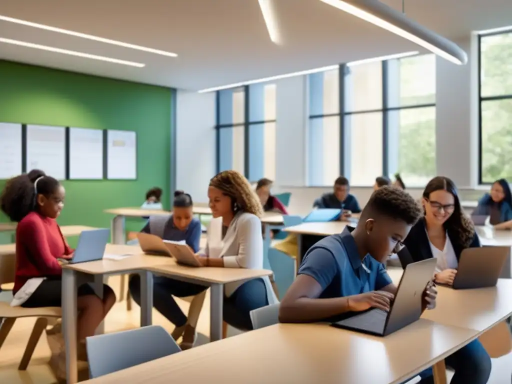 Transformación educativa: estudiantes activos en un aula tecnológica de aprendizaje adaptativo Un grupo diverso de estudiantes participa entusiasmado en actividades de aprendizaje adaptativo personalizado en un aula tecnológica de diseño moderno