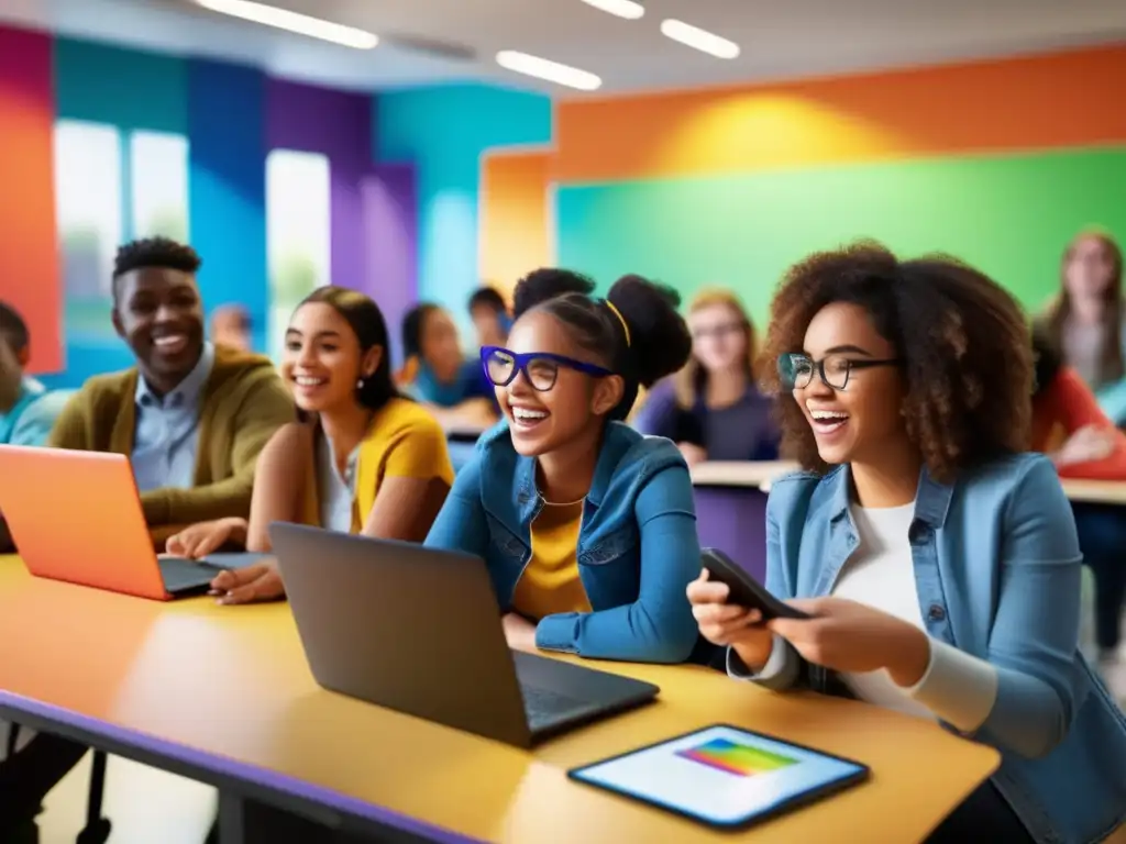 Un grupo diverso de estudiantes participa entusiasmado en una actividad educativa gamificada